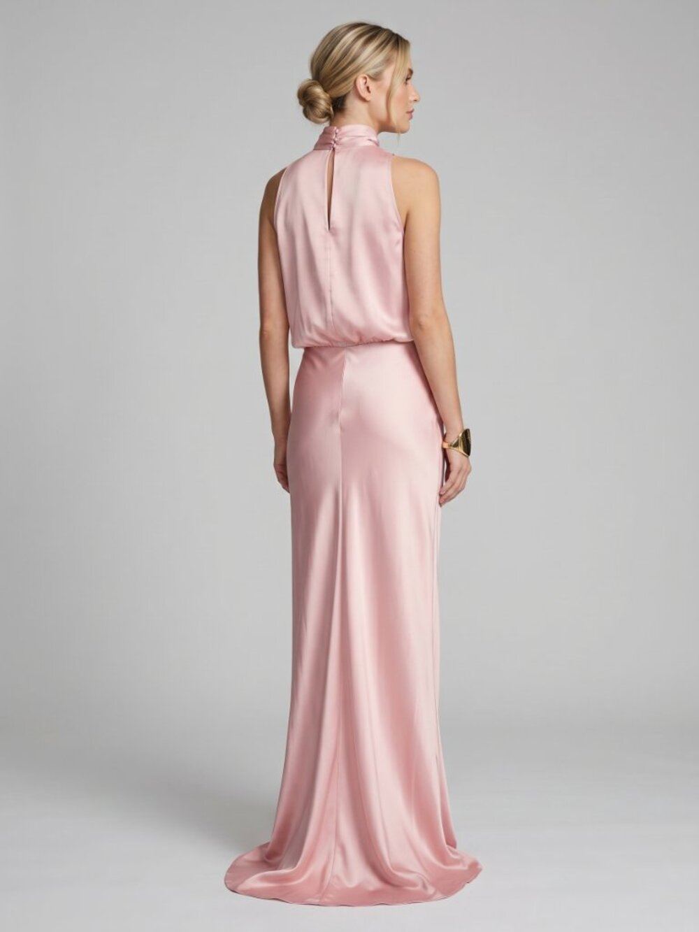 Women's Pink Satin Maxi Dress Asymmetric Neck Formal Wedding Guest Gown - Picture 2 of 5